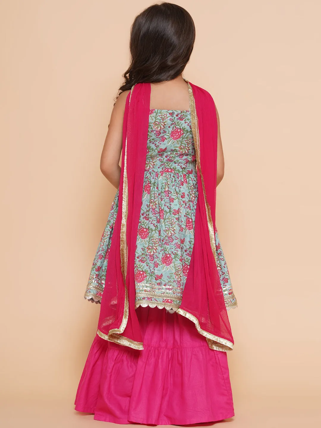 Girls Blue  Floral Printed Cotton Kurta With Sharara with  Dupatta