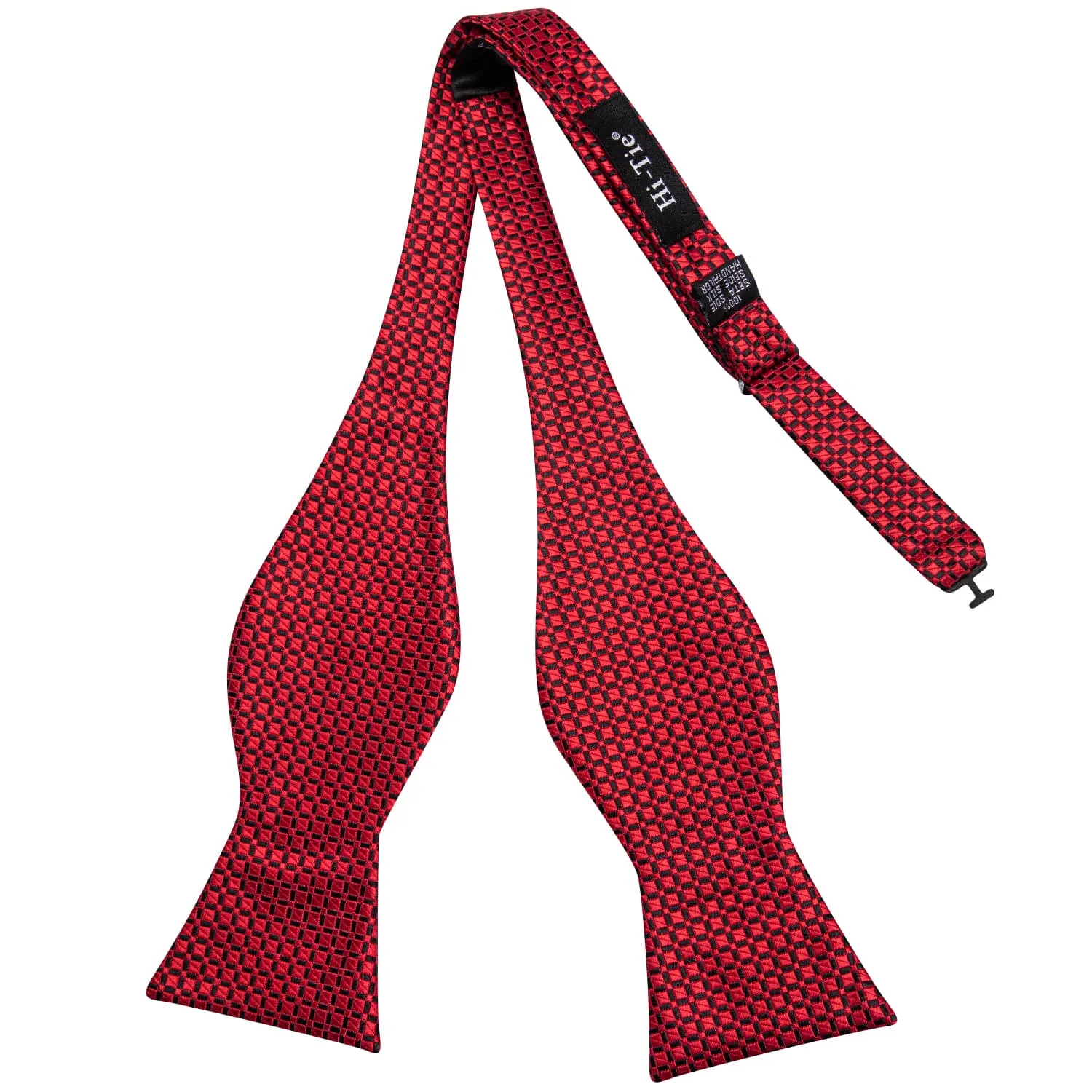 Hi-Tie Red Bowtie Black Jacquard Plaid Mens Tie Hanky Cufflinks Set
